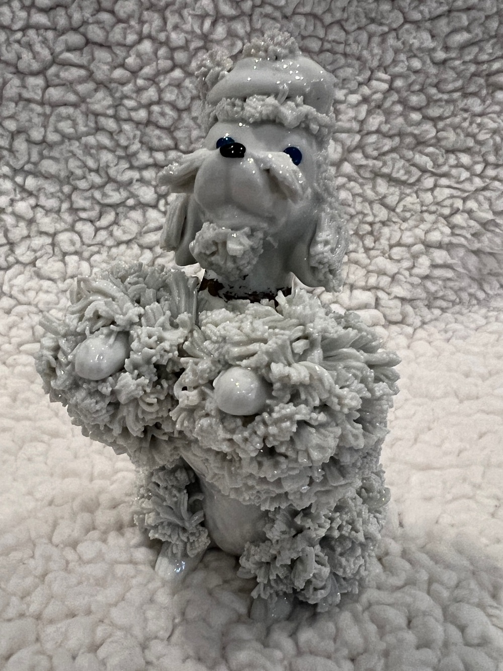 Vintage White Ceramic Spaghetti Begging Poodle w/gold touches 5”, mustache, 1950